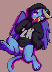 Size: 832x1158 | Tagged: safe, artist:kam, derpibooru import, gallus, griffon, clothes, hoodie, male, solo, text