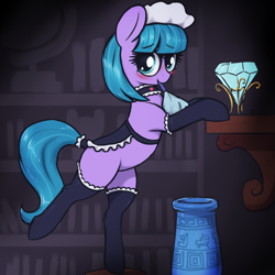 Size: 3000x3000 | Tagged: safe, alternate version, artist:t72b, derpibooru import, tote bag (character), earth pony, pony, balancing, bipedal, bipedal leaning, blushing, choker, clothes, diamond, duster, eyebrows, eyebrows visible through hair, female, frilly, high res, leaning, looking at you, maid, maid headdress, mare, mouth hold, smiling, smiling at you, socks, solo, stockings, tail, tail wrap, thigh highs