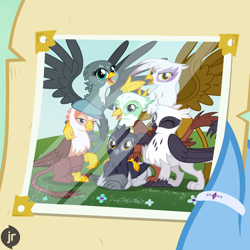 Size: 1920x1920 | Tagged: safe, artist:facelessjr, derpibooru import, gabby, gilda, gimme moore, giselle, greta, irma, natalya, oc, oc:princess gaia, griffon, alternate mane six, alternate universe, bunny ears (gesture), friendship report, griffon oc, group, group photo, letter, mane six opening poses, my little griffon, parody, photo, raised arm, smiling, talons, when she smiles, wings, wings down