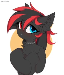 Size: 1707x2000 | Tagged: safe, artist:butterbit, derpibooru import, oc, oc:sharpe, bat pony, pony, bat pony oc, bust, choker, commission, cute, ear fluff, ears, fangs, female, freckles, heterochromia, looking at you, mare, piercing, portrait, simple background, solo, spiked choker, white background, ych result