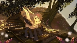 Size: 1080x608 | Tagged: safe, artist:natella08288818, derpibooru import, oc, oc only, pegasus, pony, dappled sunlight, flower, solo, train tracks, tree