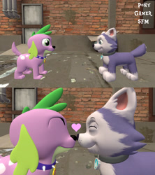 Size: 1280x1440 | Tagged: safe, artist:ponygamer2020, artist:ponygamersfm, derpibooru import, spike, spike the regular dog, dog, equestria girls, 3d, blushing, bonding, boop, collar, crossover, crossover shipping, cute, everest (paw patrol), eye contact, eyes closed, female, heart, husky, kissing, looking at each other, love, male, nose wrinkle, noseboop, nuzzling, paw patrol, paws, puppy, shipping, smiling, source filmmaker, spikabetes, spike the dog, spike's dog collar, spikerest, straight, tail