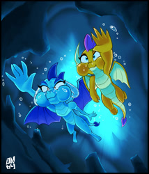 Size: 1920x2245 | Tagged: safe, artist:darkneon-64, derpibooru import, princess ember, smolder, dragon, bubble, cave, commission, dragoness, duo, duo female, female, holding breath, looking up, puffy cheeks, signature, swimming, underwater, water, wings