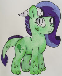 Size: 1280x1586 | Tagged: safe, artist:matbenetti17, derpibooru import, oc, oc only, oc:nephrite drop, dracony, hybrid, fangs, female, filly, horns, interspecies offspring, offspring, parent:rarity, parent:spike, parents:sparity, slit eyes, solo, traditional art