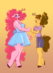 Size: 1400x1925 | Tagged: safe, artist:unfinishedheckery, derpibooru import, cheese sandwich, pinkie pie, anthro, unguligrade anthro, breasts, cheesepie, clothes, digital art, dress, duo, female, looking at you, male, open mouth, shipping, shirt, shorts, straight, tail, thighs