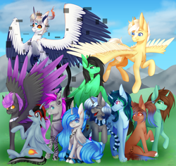 Size: 5290x5000 | Tagged: safe, artist:ermy-poo, derpibooru import, oc, oc only, alicorn, pony, unicorn, alicorn oc, choker, clothes, horn, outdoors, scarf, spread wings, wings