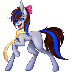 Size: 3000x3000 | Tagged: safe, artist:ermy-poo, derpibooru import, oc, oc only, oc:breezy, earth pony, pony, bow, clothes, female, hair bow, mare, raised eyebrow, raised hoof, raised leg, scarf, simple background, solo, transparent background