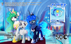 Size: 1024x635 | Tagged: safe, artist:dormin-dim, derpibooru import, princess celestia, princess luna, oc, alicorn, earth pony, pegasus, pony, unicorn, commission, royal sisters, royalty, siblings, sisters, throne, throne room, your character here