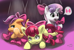 Size: 1276x876 | Tagged: safe, artist:moonseeker, derpibooru import, apple bloom, scootaloo, sweetie belle, earth pony, pegasus, pony, unicorn, bow, cutie mark crusaders, female, filly, hair bow, prone, trio