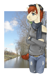 Size: 983x1475 | Tagged: safe, artist:royvdhel-art, derpibooru import, oc, oc only, anthro, earth pony, clothes, crossed arms, earth pony oc, hat, outdoors, pants, solo