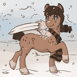 Size: 500x500 | Tagged: safe, artist:royvdhel-art, derpibooru import, oc, oc only, pegasus, pony, clothes, looking back, pegasus oc, raised hoof, raised leg, scarf, smiling, snow, snowfall, solo, wings