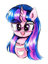 Size: 777x1028 | Tagged: safe, artist:liaaqila, derpibooru import, oc, oc only, oc:hsu amity, pony, unicorn, chest fluff, cute, female, glasses, looking at you, mare, not twilight sparkle, open mouth, open smile, request, simple background, smiling, smiling at you, solo, traditional art, white background