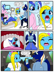 Size: 3000x4000 | Tagged: safe, artist:smallhorses, derpibooru import, minuette, oc, oc:cuteamena, oc:electric blue, anthro, pegasus, plantigrade anthro, bow, branding, car, cellphone, converse, dentist, drool, drugged, electricute, feet, female, implied vore, laughing, mask, mawshot, mouth cam, nervous, nike, numb, open mouth, phone, recording, sandals, shipping, shoes, sneakers, surgery, teeth, thought bubble, uvula