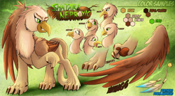 Size: 1750x967 | Tagged: safe, artist:jamescorck, derpibooru import, oc, oc only, oc:shatara, griffon, claws, female, open mouth, paw pads, paws, pointing, pointing down, reference sheet, solo, underpaw