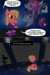 Size: 1067x1602 | Tagged: safe, artist:zoarvek, derpibooru import, pinkie pie, oc, oc:fuselight, oc:pun, oc:rollo, oc:stitches, pony, ask, ask pun, crying