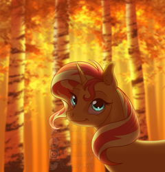 Size: 1838x1918 | Tagged: safe, artist:lilafly, derpibooru import, sunset shimmer, pony, unicorn, autumn, female, food, forest, mare, orange, solo, watermark