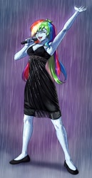 Size: 1310x2535 | Tagged: safe, artist:nairdags, derpibooru import, rainbow dash, equestria girls, bare shoulders, black dress, breasts, clothes, commissioner:ajnrules, dress, little black dress, microphone, rain, rainbow dash always dresses in style, singing, singing in the rain, sleeveless, solo, wet dress