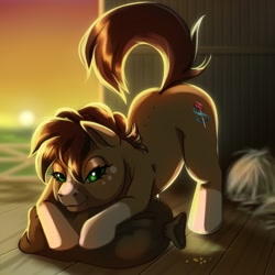 Size: 2000x2000 | Tagged: safe, artist:thechris, derpibooru import, oc, oc only, earth pony, pony, advertisement, butt, coat markings, commission, cute, face down ass up, female, freckles, green eyes, hooves, jacko challenge, lidded eyes, looking at you, meme, plot, raised tail, simple background, sky, smiling, smirk, socks (coat marking), solo, tail, ych example, ych result, ych sketch, your character here, your character here auction