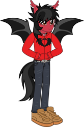Size: 1782x2708 | Tagged: safe, artist:lightningbolt, derpibooru exclusive, derpibooru import, human, equestria girls, .svg available, bat wings, belt, clandestine industries, clothes, ear fluff, ears, equestria girls-ified, eyeliner, fall out boy, hand in pocket, happy, hoodie, humanized, jeans, jewelry, makeup, male, necklace, pants, pete wentz, ponied up, shirt, shoes, simple background, smiling, solo, spread wings, standing, svg, tail, tailed humanization, transparent background, undershirt, vector, wings