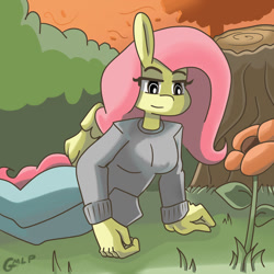 Size: 1280x1280 | Tagged: safe, artist:genericmlp, derpibooru import, fluttershy, anthro, clothes, pants, solo, sweater