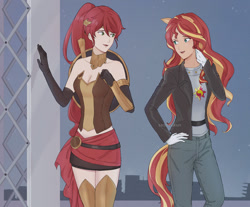 Size: 1024x847 | Tagged: safe, artist:seshirukun, derpibooru import, sunset shimmer, human, fanfic:sapr, equestria girls, bare shoulders, breasts, cleavage, clothes, crossover, evening gloves, female, gloves, jacket, jeans, leather jacket, long gloves, pants, ponied up, pyrrha, rwby, sleeveless, strapless