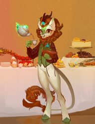 Size: 3000x3930 | Tagged: safe, artist:yanisfucker, derpibooru import, autumn blaze, anthro, kirin, unguligrade anthro, apple, bipedal, bottomless, burger, cake, clothes, cup, cupcake, female, food, hay burger, looking at you, nudity, partial nudity, pouring, present, solo, table, tea, teacup, teapot, vest