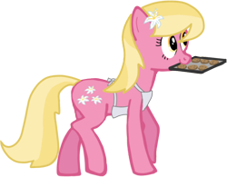 Size: 694x541 | Tagged: safe, artist:azgchip, derpibooru import, lily, lily valley, earth pony, pony, apron, clothes, cookie, female, food, mouth hold, simple background, transparent background