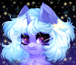 Size: 784x672 | Tagged: safe, artist:cabbage-arts, derpibooru import, oc, oc only, oc:tsuki candy, pony, unicorn, bust, chest fluff, eyebrows, eyebrows visible through hair, female, freckles, mare, portrait, solo, stars