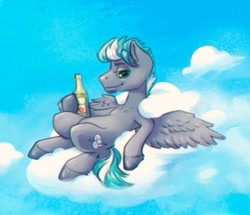 Size: 779x670 | Tagged: safe, artist:kovoranu, derpibooru import, oc, oc only, pegasus, pony, bottle, cloud, colored hooves, lidded eyes, male, relaxing, solo, spread wings, stallion, wings