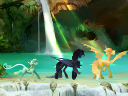 Size: 4000x3000 | Tagged: safe, artist:yanisfucker, derpibooru import, oc, oc only, alicorn, bat pony, bat pony alicorn, earth pony, hybrid, pony, unicorn, bat pony oc, bat pony unicorn, bat wings, braid, caves, forest, horn, lake, leonine tail, ponytail, scenery, smiling, spread wings, trio, water, waterfall, wings