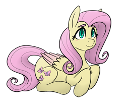 Size: 1280x1114 | Tagged: safe, artist:sunshmallow, derpibooru import, fluttershy, pegasus, pony, :3, blushing, colored wings, cute, eyebrows, female, folded wings, full body, lying down, mare, pink mane, pink tail, prone, shyabetes, simple background, smiling, solo, tail, teal eyes, transparent background, wings