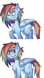 Size: 626x1113 | Tagged: safe, artist:inxinfate, derpibooru import, rainbow dash, pegasus, pony, chest fluff, female, folded wings, mare, multicolored hair, multicolored mane, open mouth, open smile, rainbow hair, rainbow tail, raised hoof, raised leg, scared, simple background, smiling, solo, standing, tail, white background, wings