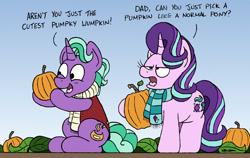 Size: 1024x647 | Tagged: safe, artist:bobthedalek, derpibooru import, firelight, starlight glimmer, pony, unicorn, clothes, father and child, father and daughter, fathers gonna father, female, male, parent and child, pumpkin, scarf, starlight is not amused, unamused
