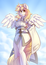 Size: 2480x3508 | Tagged: safe, artist:dandy, derpibooru import, oc, oc only, oc:star nai, alicorn, anthro, :3, alicorn oc, anthro oc, beautiful, clothes, cloud, commission, ear fluff, ears, female, hand, hand on hip, high res, horn, looking at you, mare, smiling, smiling at you, solo, wings
