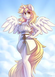Size: 2480x3508 | Tagged: safe, alternate version, artist:dandy, derpibooru import, oc, oc only, oc:star nai, alicorn, anthro, :3, alicorn oc, anthro oc, beautiful, breasts, clothes, cloud, commission, ear fluff, ears, female, hand, hand on hip, high res, horn, looking at you, mare, smiling, smiling at you, solo, wings