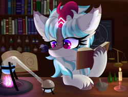 Size: 2950x2250 | Tagged: safe, artist:windykirin, derpibooru import, oc, oc:windshear, kirin, alchemist, alchemy, book, bookshelf, bottle, candle, female, fire, magic, solo