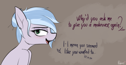 Size: 1919x999 | Tagged: safe, artist:pinkberry, derpibooru import, oc, oc only, oc:winter azure, earth pony, pony, alternate hairstyle, braces, colored sketch, dialogue, femboy, male, offscreen character, solo, speech, talking, trap