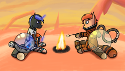 Size: 1920x1080 | Tagged: safe, artist:klp8, oc, oc only, oc:pixel shield, oc:rusty gears, earth pony, pony, unicorn, astronaut, campfire, cooking, desert, duo, earth pony oc, eating, female, fireplace, food, freckles, helmet, horn, male, mare, marshmallow, outer wilds, planet, spacesuit, stallion, unicorn oc, wood