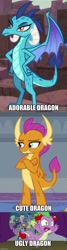 Size: 500x1858 | Tagged: safe, edit, edited screencap, screencap, blues, princess ember, smolder, spike, sunshower raindrops, dragon, earth pony, pony, unicorn, horse play, booing, female, food, op is a cuck, op is a duck (reaction image), spikeabuse, stallion, tomato, tomatoes