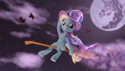 Size: 3840x2160 | Tagged: safe, artist:xppp1clubs, artist:xppp1n, derpibooru import, trixie, pony, unicorn, 3d, blender, blender cycles, broom, cape, clothes, cute, cutie mark, diatrixes, female, flying, flying broomstick, full moon, hat, horn, mare, mare in the moon, moon, solo, stars, tail, trixie's cape, trixie's hat