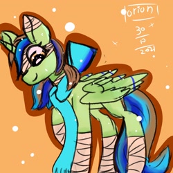 Size: 2048x2048 | Tagged: safe, derpibooru import, oc, oc only, oc:epsi, alicorn, alicorn oc, bandage, clothes, ethanepsc4, female, mare, raised leg, scarf, signature, simple background, yellow background