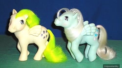 Size: 640x360 | Tagged: safe, derpibooru import, surprise, wind whistler, pegasus, pony, g1, adoraprise, cute, female, irl, irl photo, looking at each other, mare, photo, smiling, smiling at each other, toy, whistlerbetes