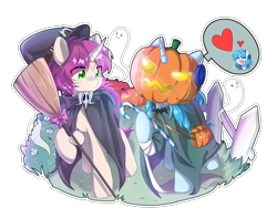 Size: 4196x3302 | Tagged: safe, artist:yaya, derpibooru import, oc, oc only, oc:otakulight, oc:wubu, ghost, undead, broom, candy, candy cane, cape, clothes, fence, food, halloween, hat, holiday, jack-o-lantern, pumpkin, simple background, transparent background, witch costume, witch hat