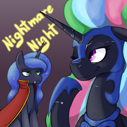 Size: 2480x2480 | Tagged: safe, artist:wild-thunder06, derpibooru import, nightmare moon, princess celestia, princess luna, alicorn, pony, undead, vampire, clothes, costume, fangs, luna is not amused, nightmare night, one eye closed, smiling, unamused, wink