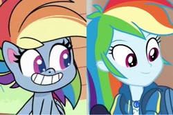 Size: 2289x1526 | Tagged: safe, derpibooru import, rainbow dash, better together, equestria girls, my little pony: pony life, playwright or wrong, run to break free, spoiler:pony life s02e21, comparison, grin, same energy, smiling