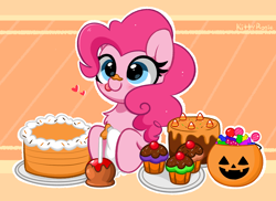 Size: 4096x2989 | Tagged: safe, artist:kittyrosie, derpibooru import, pinkie pie, earth pony, pony, blushing, cake, candy, chest fluff, chocolate, cookie, cute, diapinkes, ear fluff, ears, floating heart, food, halloween, heart, heart eyes, high res, holiday, icing bag, icing on nose, pumpkin bucket, redraw, solo, tongue, tongue out, wingding eyes