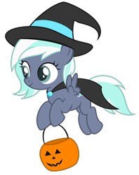 Size: 2750x3480 | Tagged: safe, artist:strategypony, derpibooru import, oc, oc only, oc:selene star, pegasus, pony, cape, clothes, costume, female, filly, flying, foal, halloween, halloween costume, hat, holiday, jack-o-lantern, ponytober, pumpkin, pumpkin bucket, simple background, transparent background, trick or treat, two toned mane, witch costume, witch hat