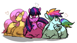 Size: 1316x744 | Tagged: safe, artist:azulejo, derpibooru import, fluttershy, rainbow dash, twilight sparkle, twilight sparkle (alicorn), alicorn, pegasus, pony, female, heart, looking at you, mare, mlp fim's eleventh anniversary, ponyloaf, simple background, sketch, smiling, white background