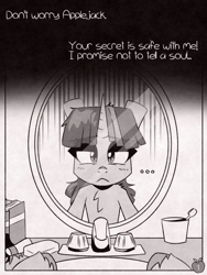 Size: 1050x1400 | Tagged: safe, artist:provolonepone, derpibooru import, twilight sparkle, unicorn twilight, pony, unicorn, comic:sapphic story, bathroom, book, comic, dialogue, implied applejack, looking at you, mirror, monochrome, solo, toothbrush