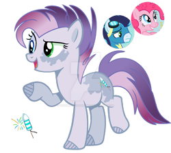 Size: 1280x1143 | Tagged: safe, artist:venomous-cookietwt, derpibooru import, pinkie pie, soarin', oc, earth pony, pony, bipedal, coat markings, deviantart watermark, earth pony oc, female, full body, gradient mane, gradient tail, heterochromia, mare, obtrusive watermark, offspring, open mouth, open smile, parent:pinkie pie, parent:soarin', parents:soarinpie, raised hoof, raised leg, show accurate, simple background, smiling, standing, tail, transparent background, watermark